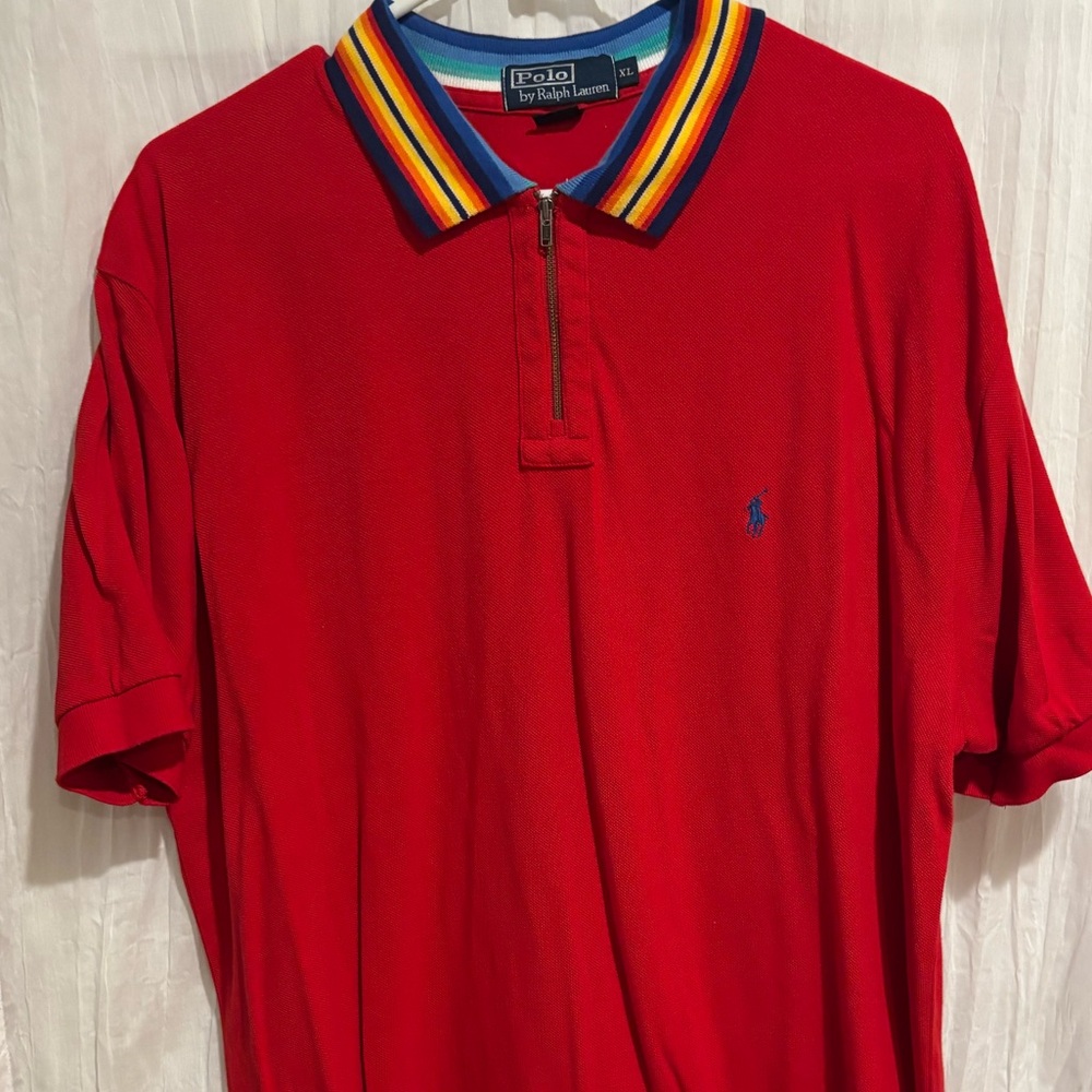 Polo Ralph Lauren Shirt Rugby red blue striped collar Mens XL heritage logo Y2K